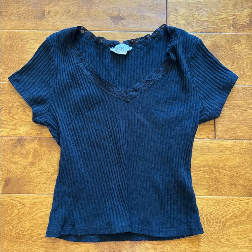 Pink Rose Blue Ribbed Fitted Short Sleeve Tee